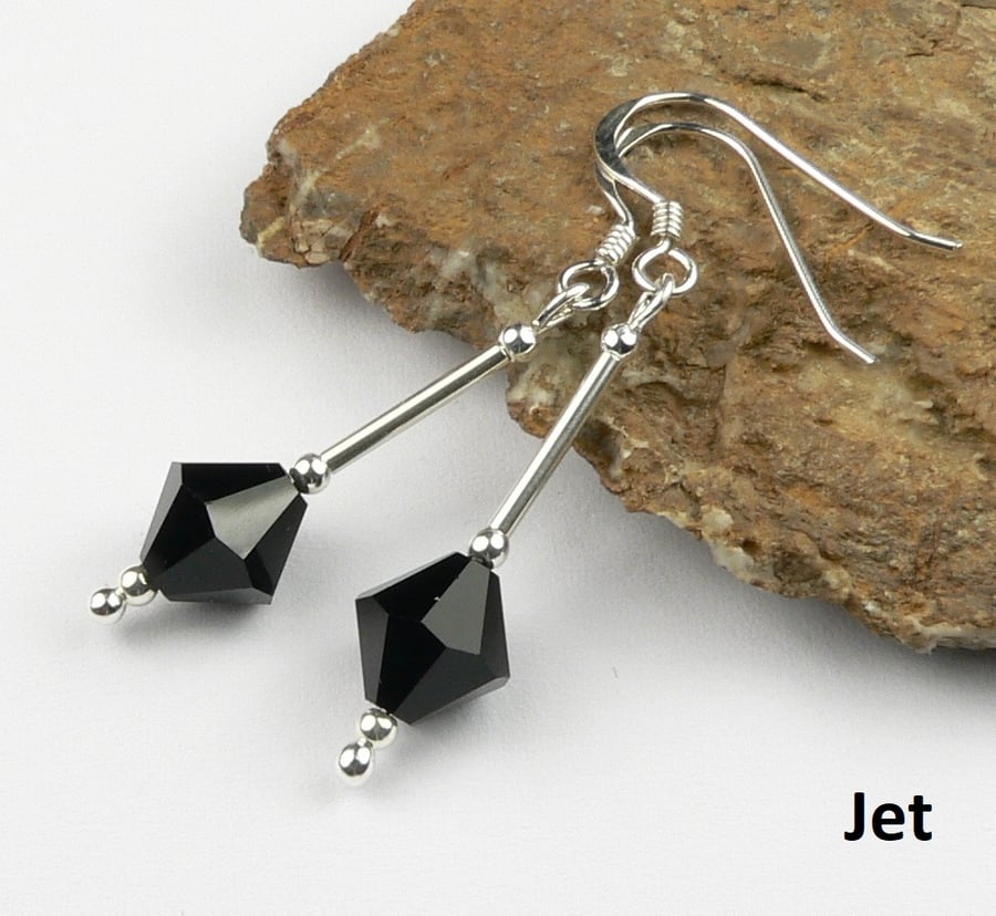 Black Preciosa crystal drop earrings, sterling silver, 8mm, bicone