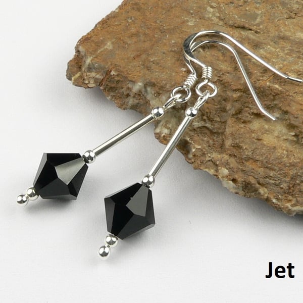 Black Preciosa crystal drop earrings, sterling silver, 8mm, bicone