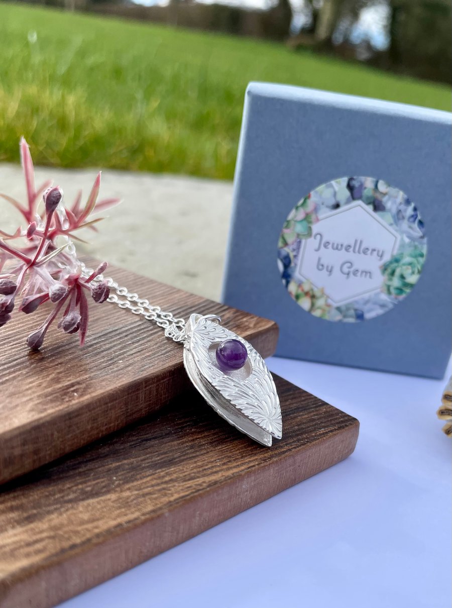 Amethyst Shadow Box Pendant in fine silver