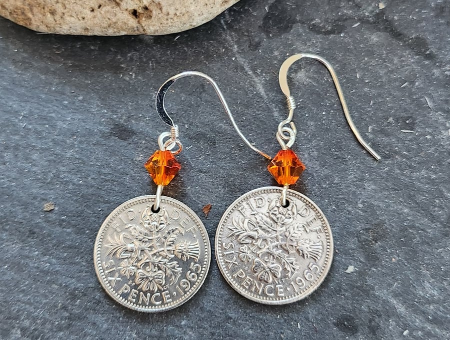 Upcycled sixpence (6d) coin earrings with orange bicone crystals