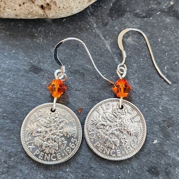 Upcycled sixpence (6d) coin earrings with orange bicone crystals