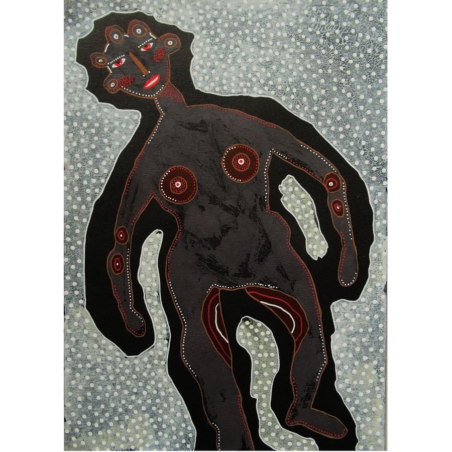 Abstract Figure Painting Black Grey Outsider Folk Art Brut Figurative Drawing 