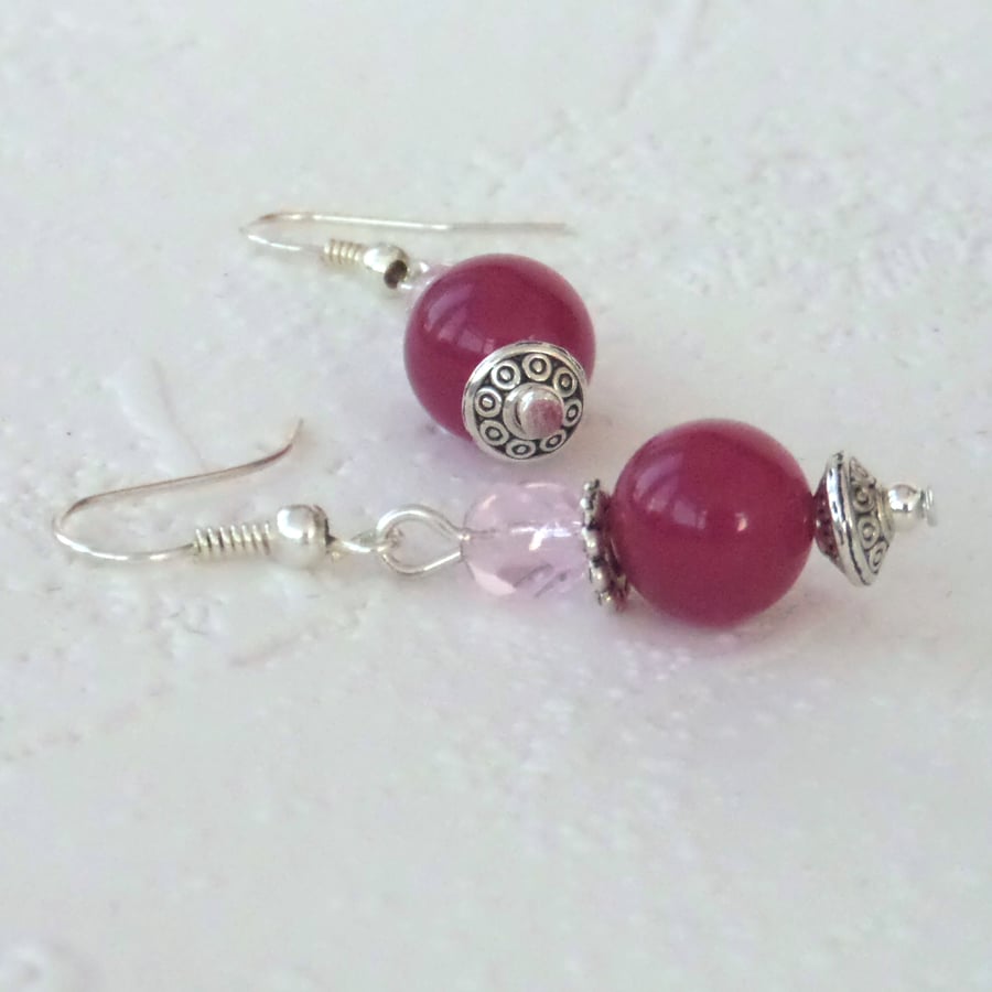 Handmade rose pink gemstone & crystal earrings