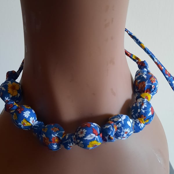 Flower Fabric Covered Beaded Necklace