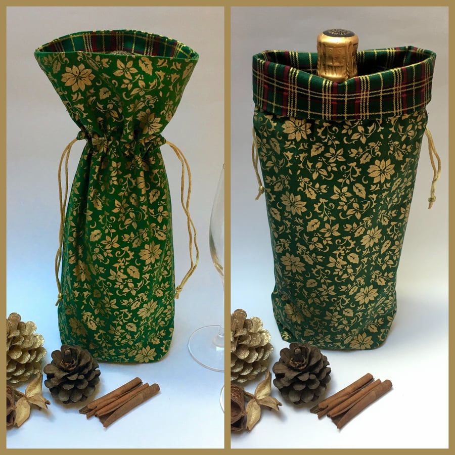 Wine Bag Green and Gold Poinsettia Christmas Bottle Bag Reusable SECONDS SUNDAY