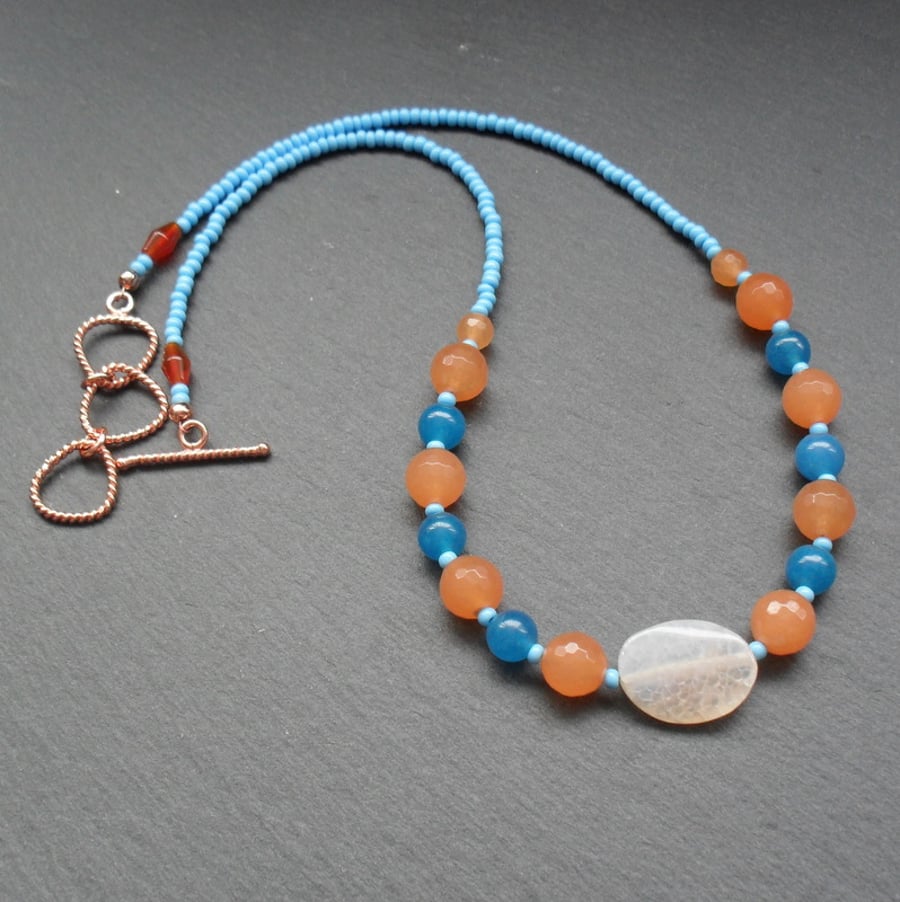 Orange Agate and Blue Quartz Beaded Necklace  