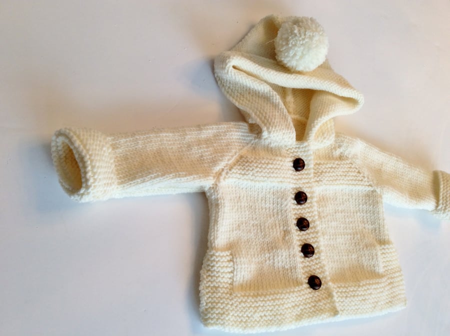 Hand knitted baby hoody in merino wool,warm jacket in white,hand made