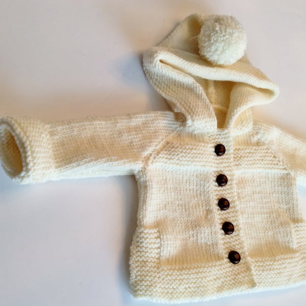 Hand knitted baby hoody in merino wool,warm jacket in white,hand made