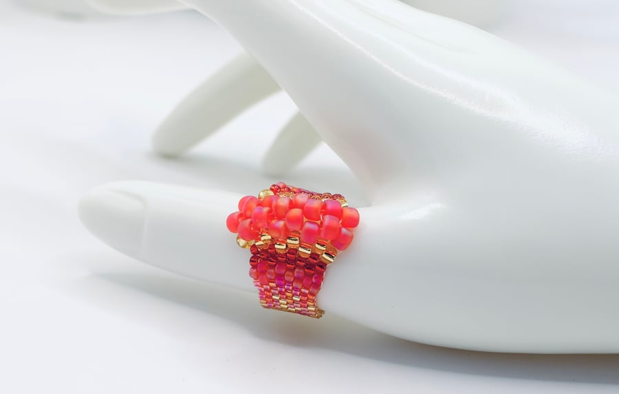 Beaded Ring In Pink and Gold, Size R