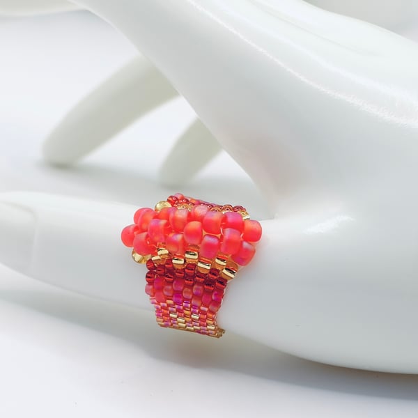 Beaded Ring In Pink and Gold, Size R