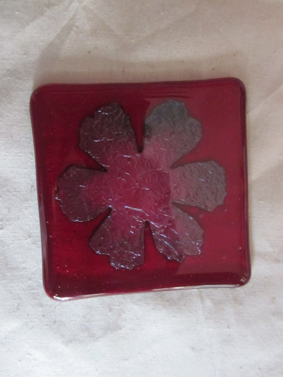 Handmade fused glass coaster - copper flower on cherry red