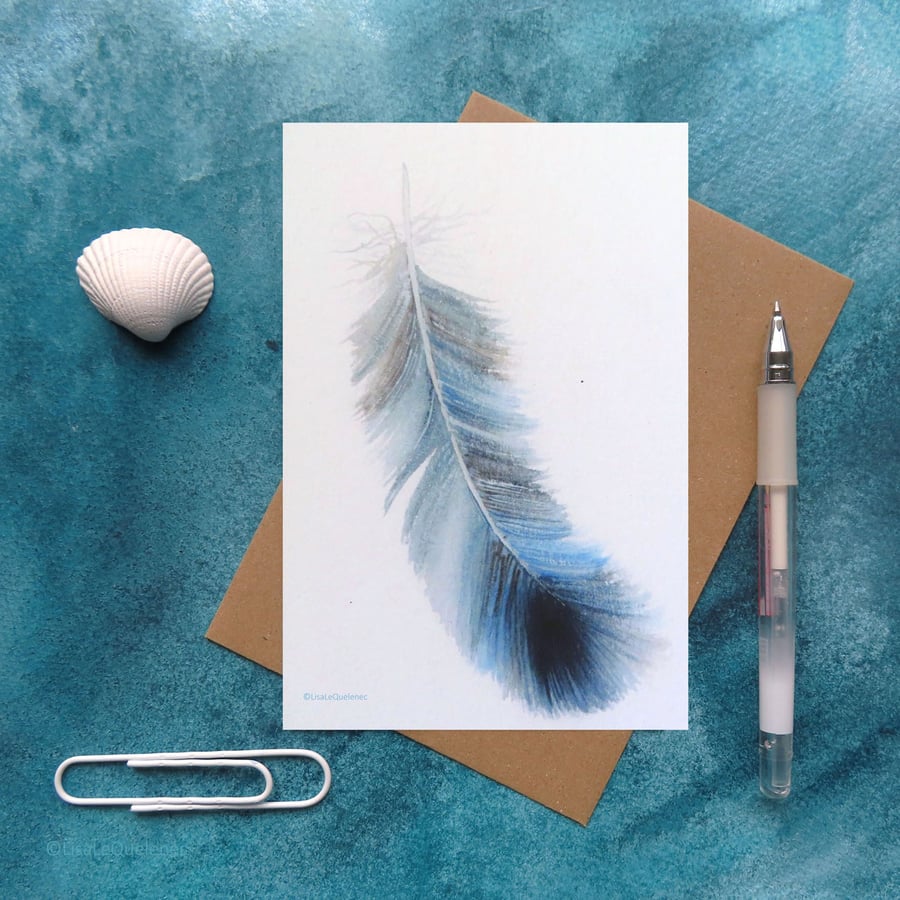 Grey blue feather watercolour study artist card notelet plastic free