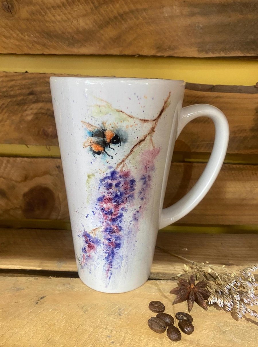 Wisteria Bee Latte Mug, 17oz Ceramic Coffee Mug, Colourful Wildlife Art Mugs by 