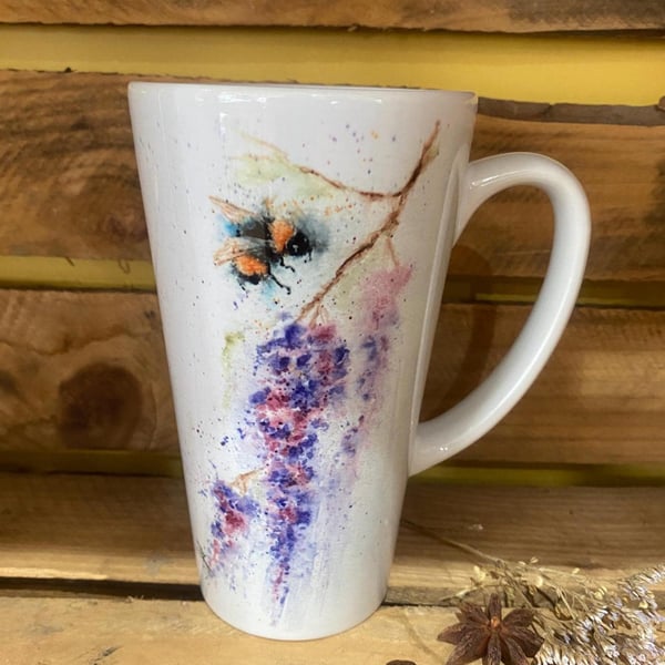 Wisteria Bee Latte Mug, 17oz Ceramic Coffee Mug, Colourful Wildlife Art Mugs by 