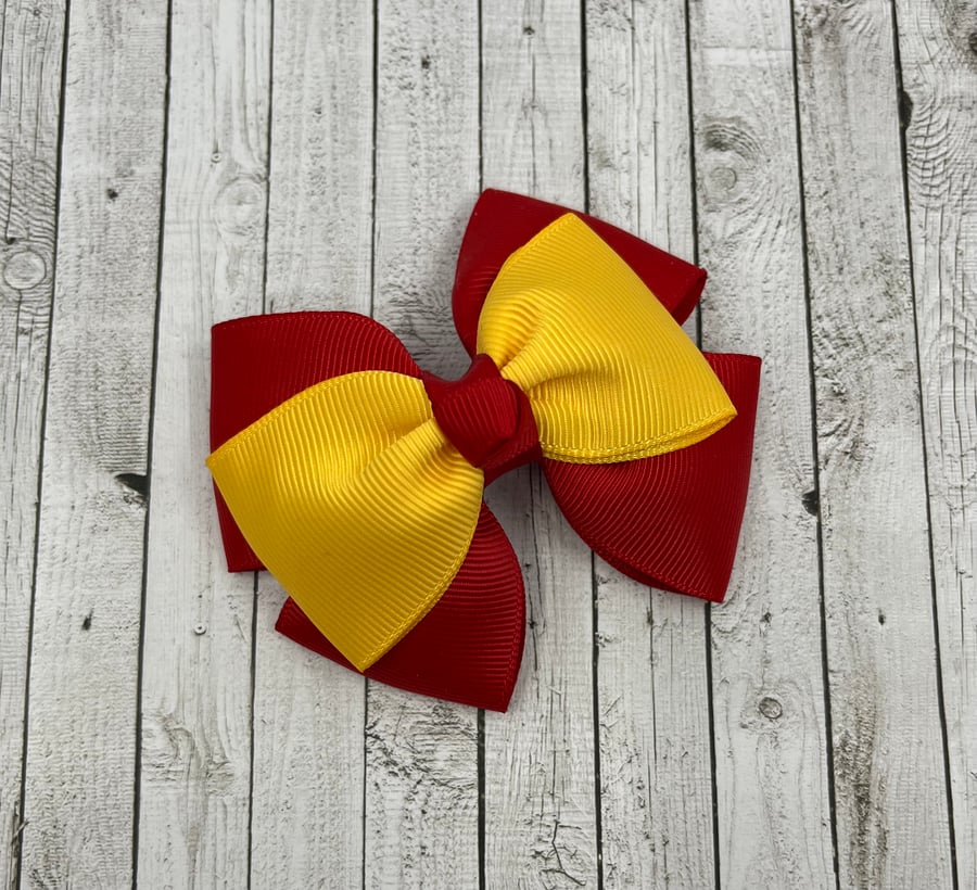 School Red and Yellow Gold Top Knot Bow on Clip