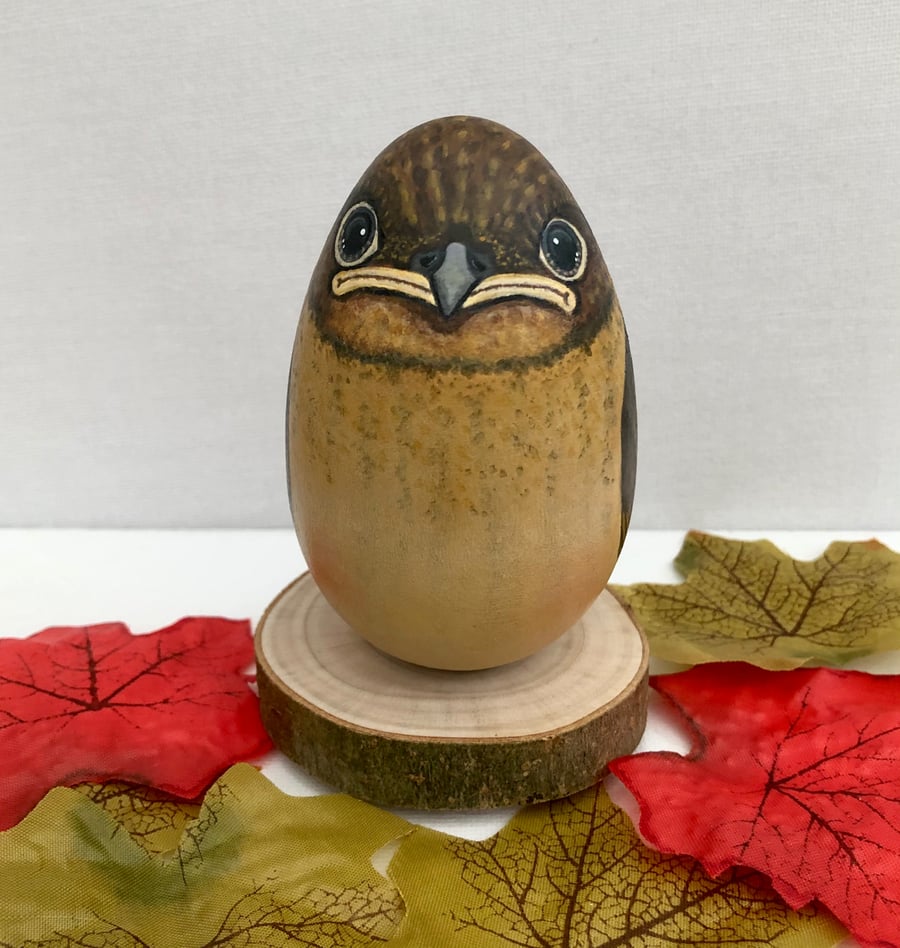 Fledgling Robin hand painted wooden egg ornament SALE