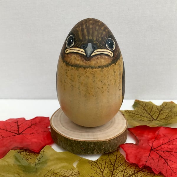 Fledgling Robin hand painted wooden egg ornament SALE