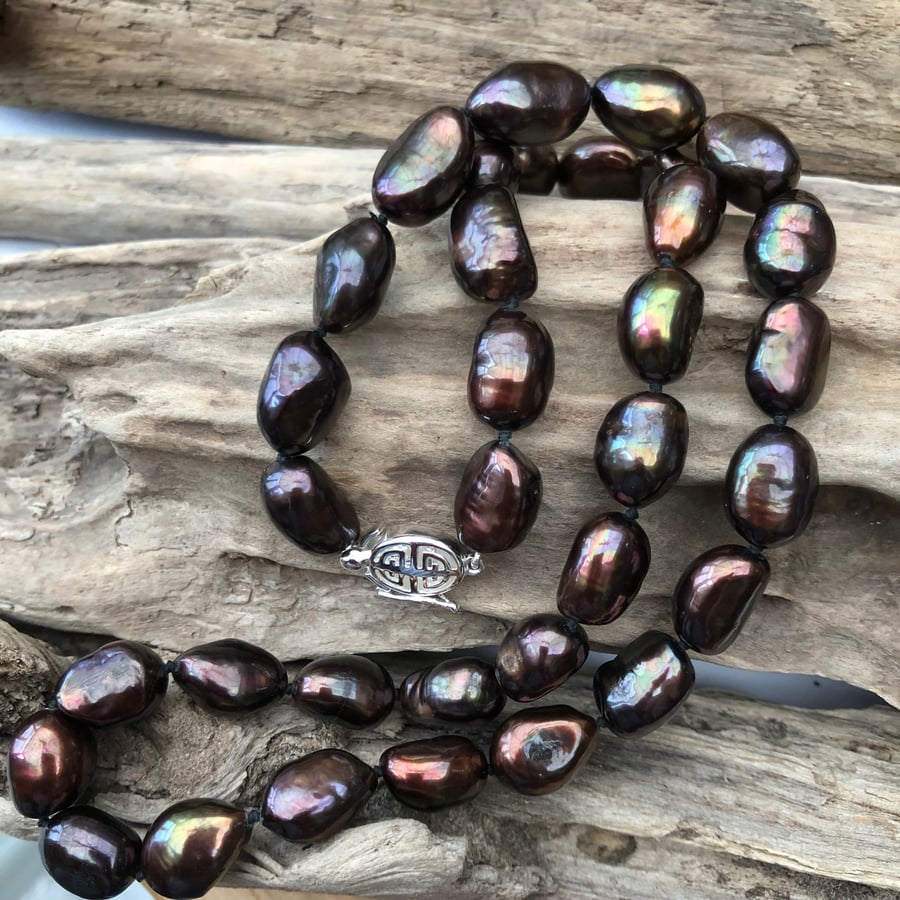 14x10mm brown freshwater pearls with silver box catch -00001079