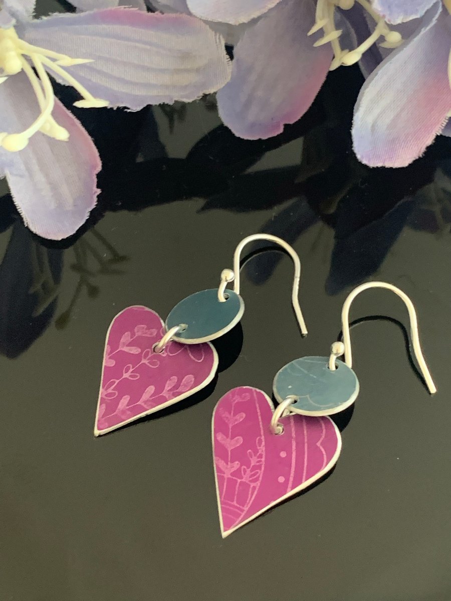 Printed Aluminium and sterling silver heart earrings - Grape and blue grey