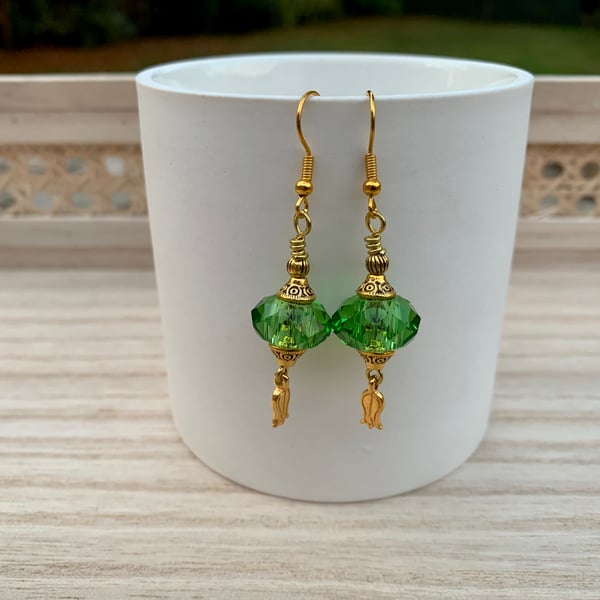 Emerald and Antique Vintage Style Gold Dangle Crystal Earrings