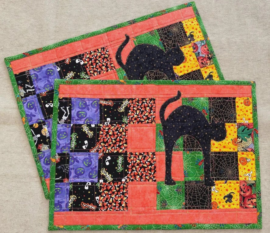 Halloween Black Cat Placemats Set of 2 Quilted Cotton Table Mats Handmade