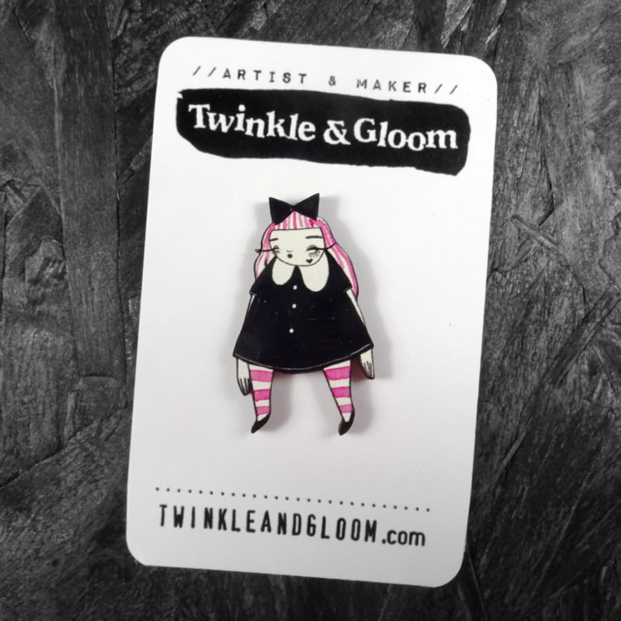 Pink haired Goth girl Illustrated Wood Pin- with rubber back.