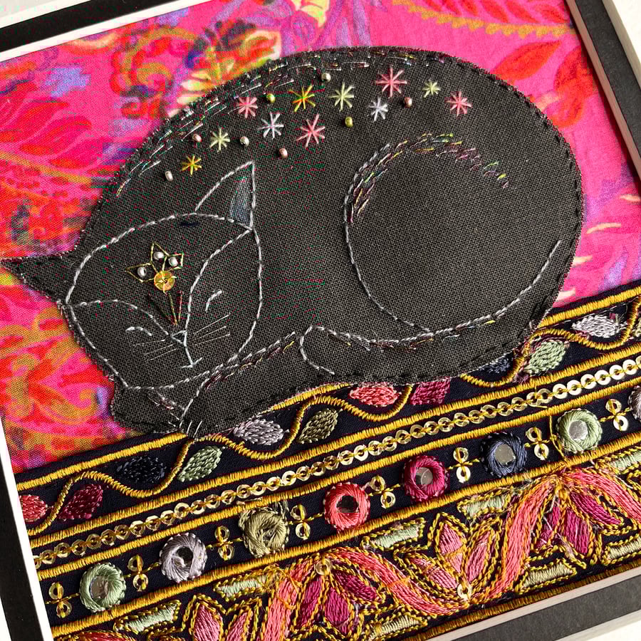 Textile artwork of cat, fabric cat art, gift for cat lover, black cat