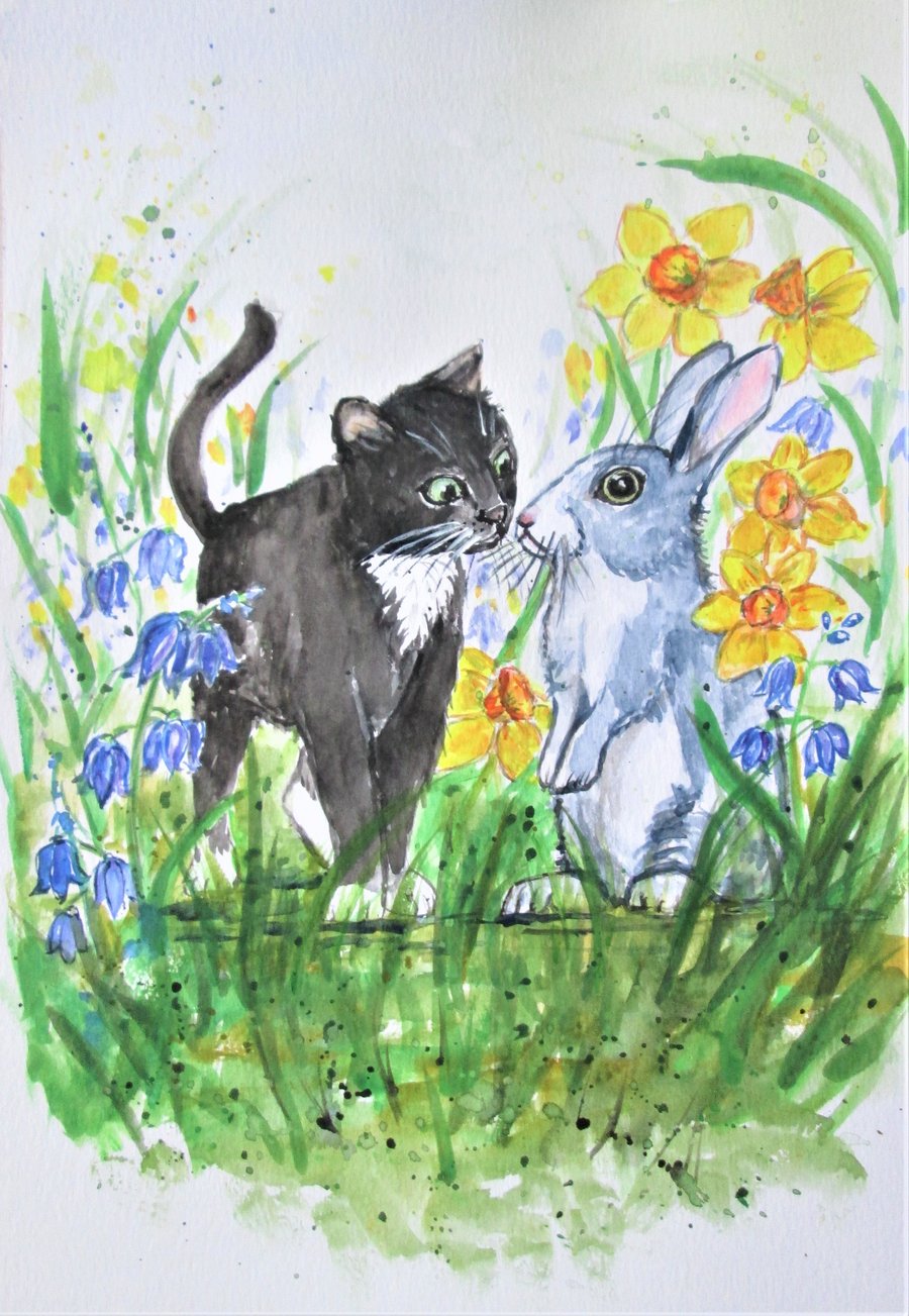 Easter. Kitten and Rabbit painting. Daffodils and Bluebells