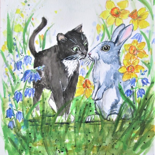 Easter. Kitten and Rabbit painting. Daffodils and Bluebells