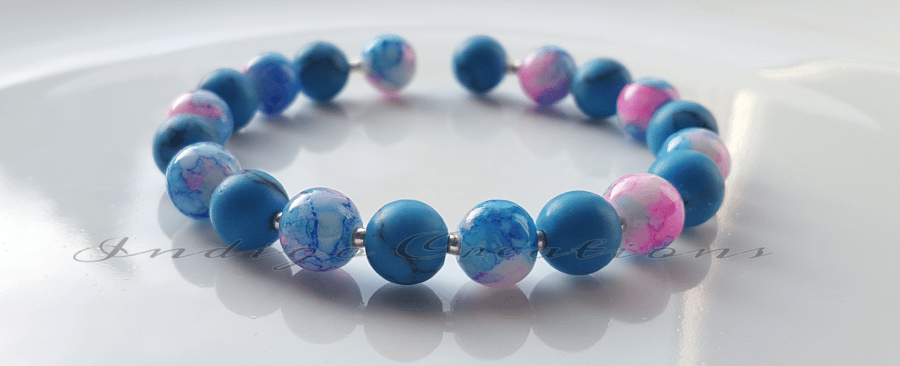  Bangle Handmade Blue And Pink Marble Effect Drawbench Bead Memory Wire Bangle