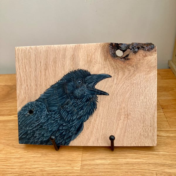 Raven original painting on Oak wood