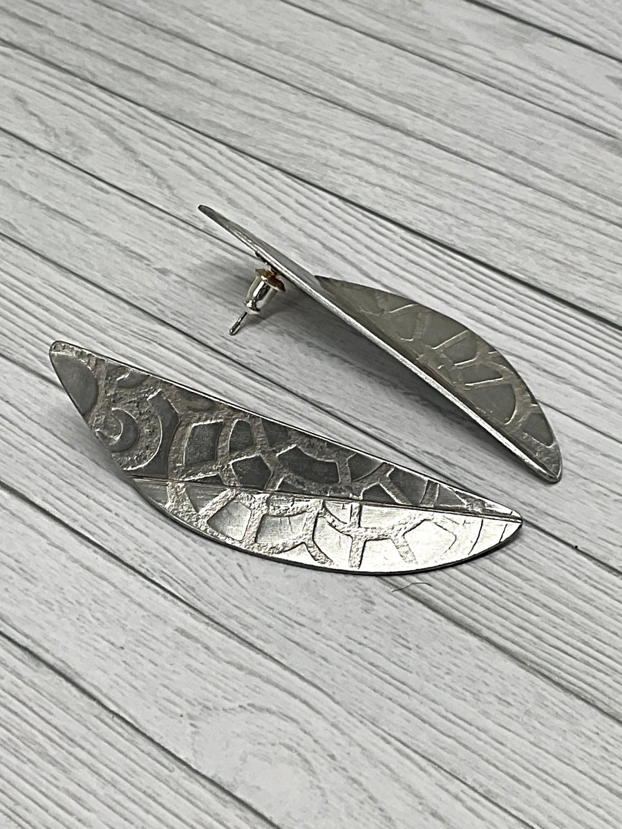 Aluminium Stud Earrings, Half Oval Folded Design, Imprinted Pattern, Rose Gold