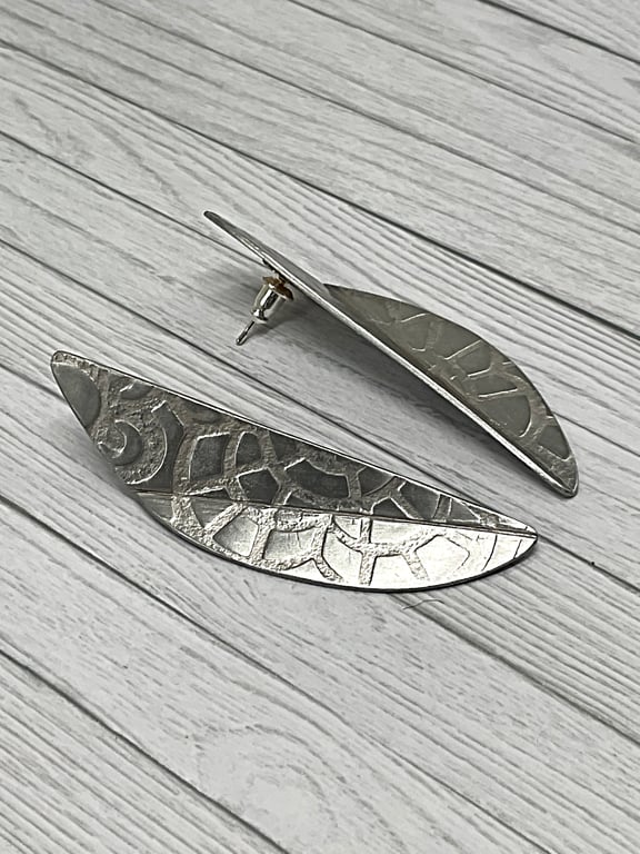 Aluminium Stud Earrings, Half Oval Folded Design, Imprinted Pattern, Rose Gold