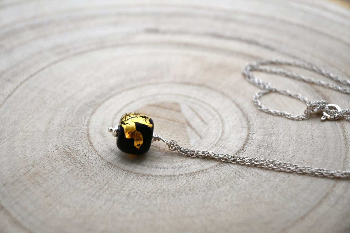 black and gold leaf glass pendant necklace