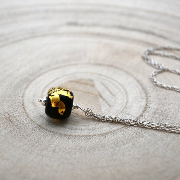 black and gold leaf glass pendant necklace