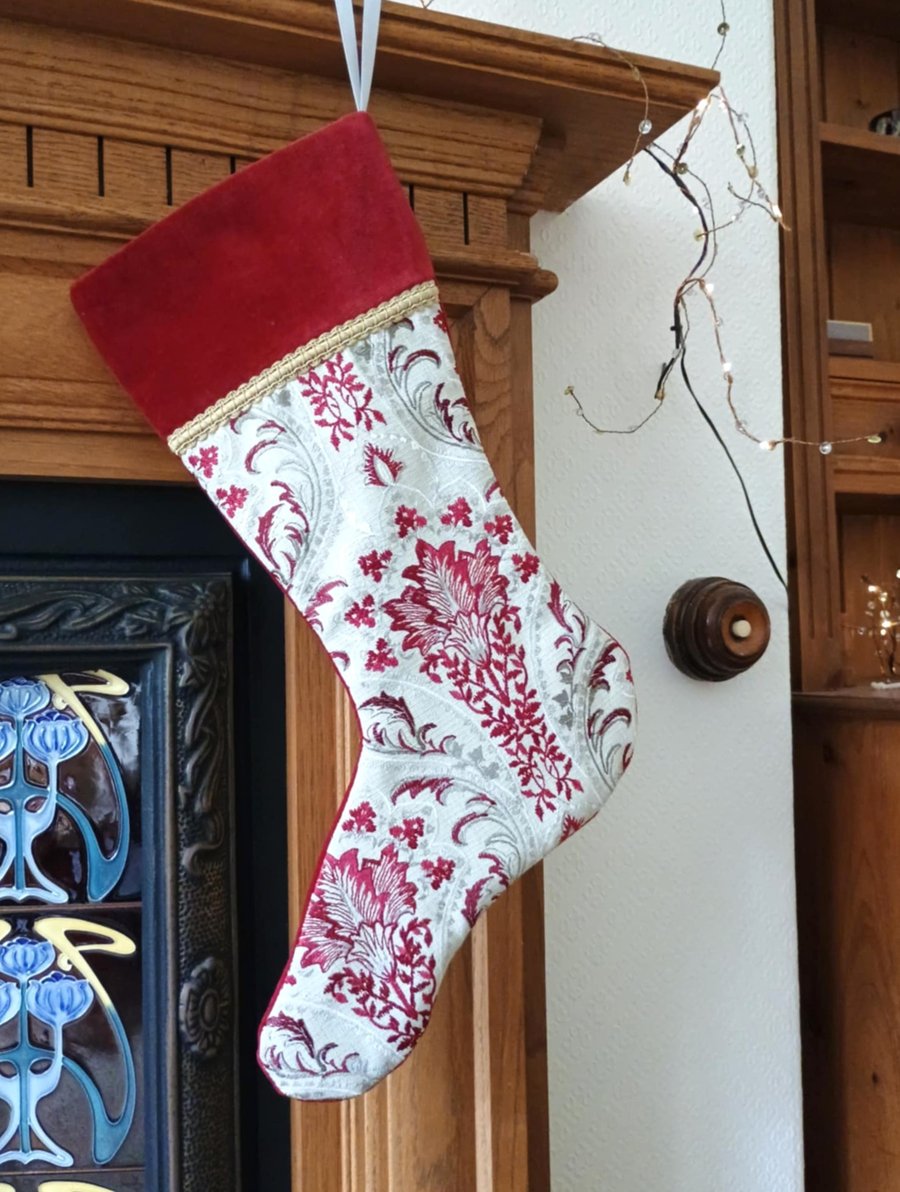 Luxury Christmas Stocking - Reclaimed Embroidered Curtain and Red Velvet