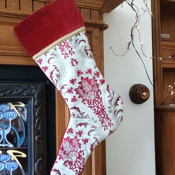 Luxury Christmas Stocking - Reclaimed Embroidered Curtain and Red Velvet
