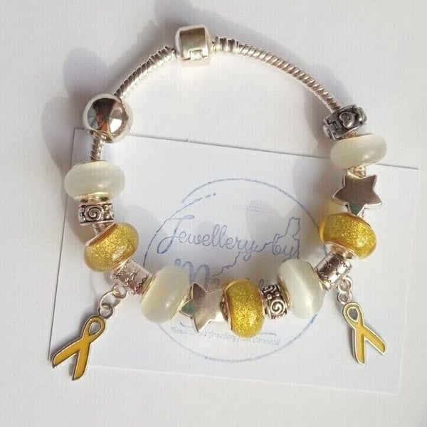 Cancer Awareness Charm Bracelet Yellow Glitter & White European 8" 20cms