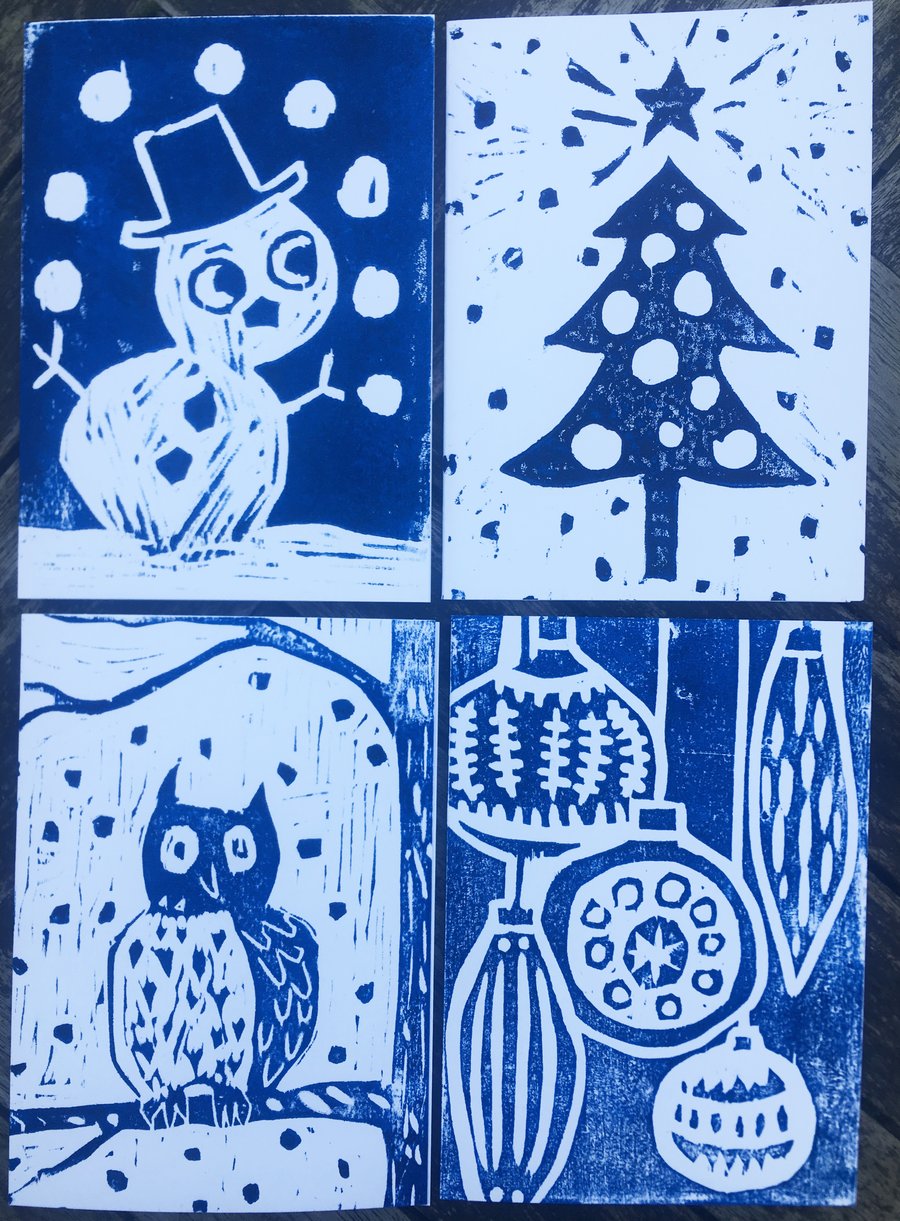 Original Woodcut Handprinted Christmas Cards- set of 4 Hand Made