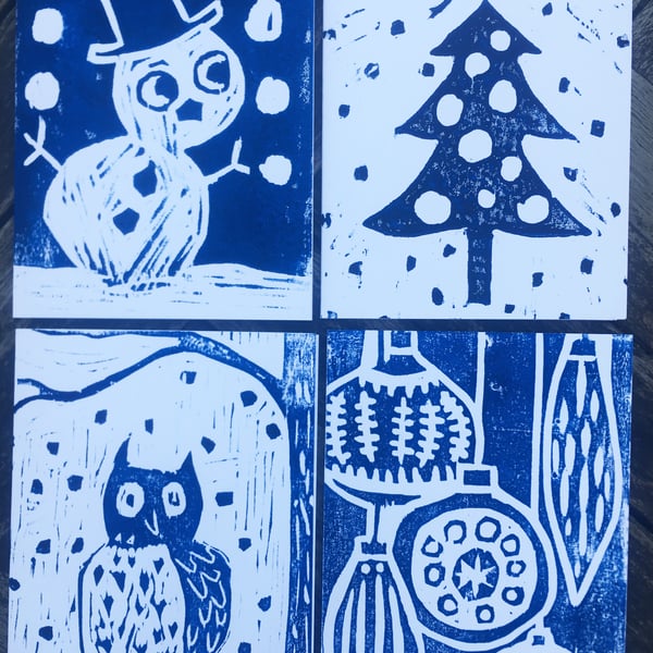 Original Woodcut Handprinted Christmas Cards- set of 4 Hand Made
