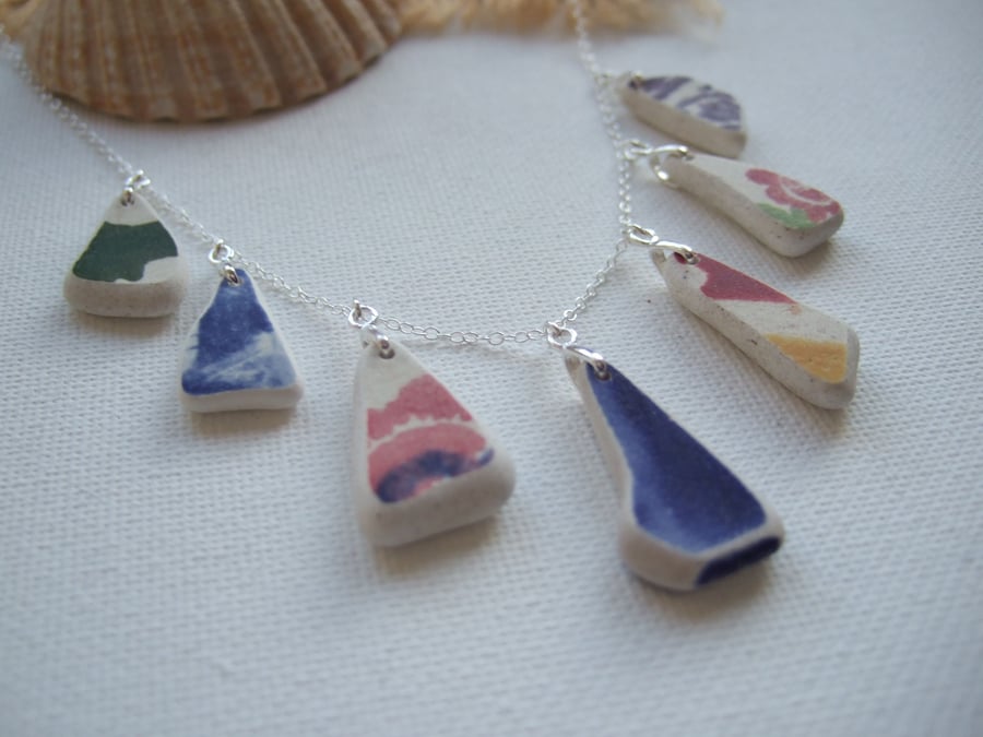 Scottish sea pottery necklace, beach china colorful patterns necklace, unique