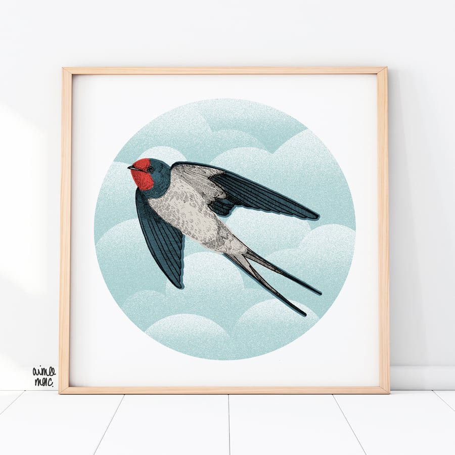 Swallow Bird Print - Cloudy Sky - Bird Art - Bird Illustration - Bird Drawing