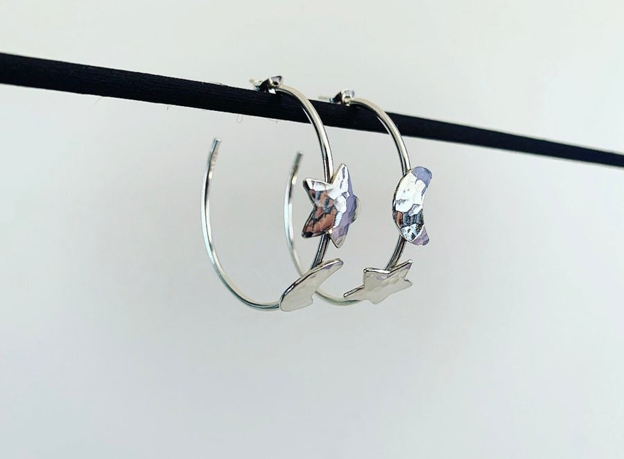 Star Moon Silver Earrings - Mismatched Celestial Sterling Silver Open Hoops 