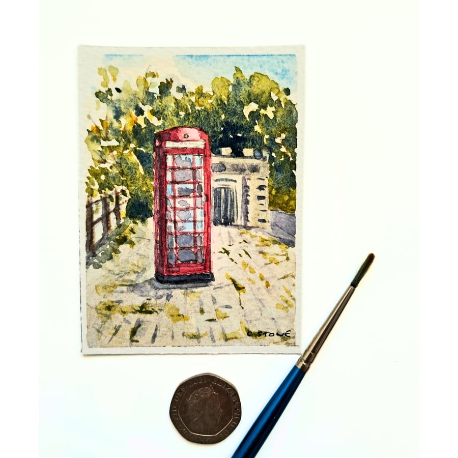 Image of Original ACEO Miniature Watercolour Painting Classic K6 Telephone Box Tavistock
