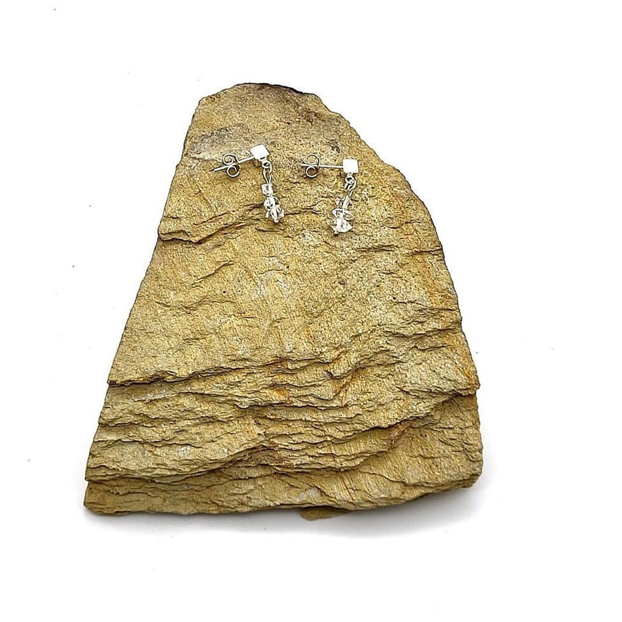 Sterling Silver And Herkimer Diamond Square Stud Dangle Earrings