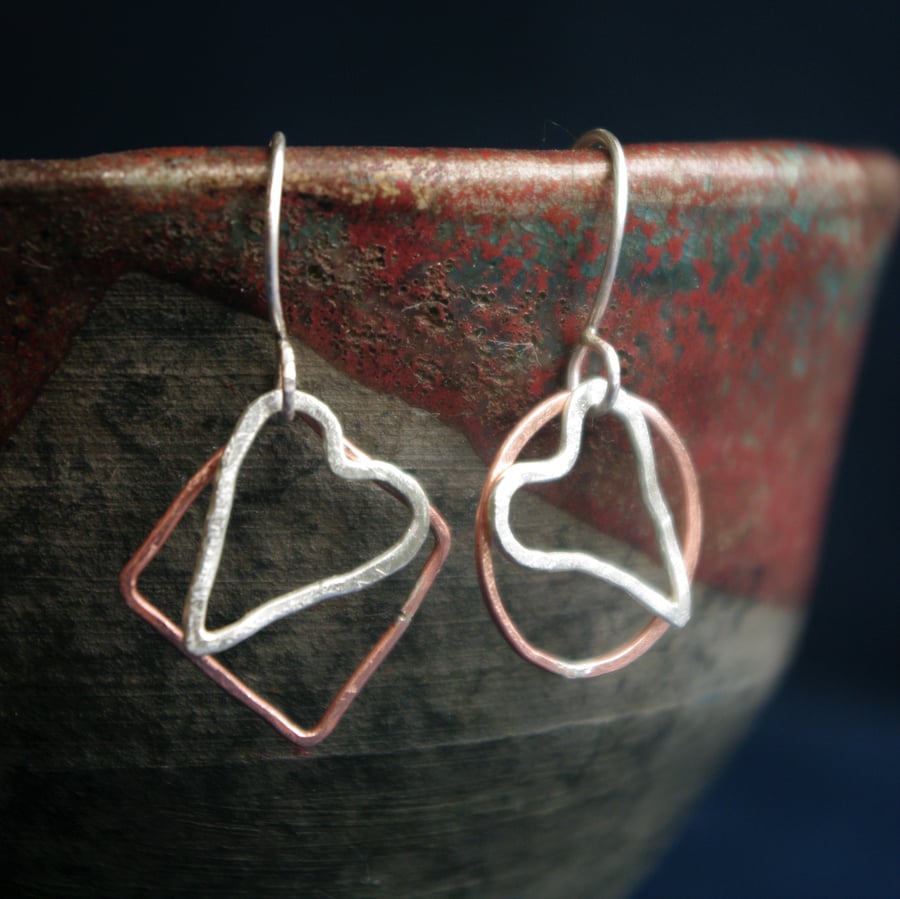 Copper Geometric Shape with Silver  Heart  Earrings