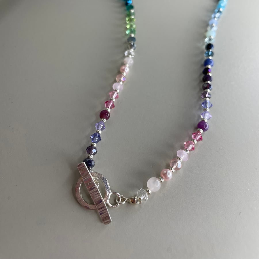Sterling silver multiple coloured rainbow beaded necklace 