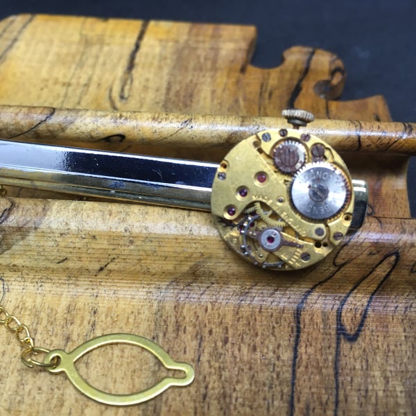 Steampunk watch movement tie clip