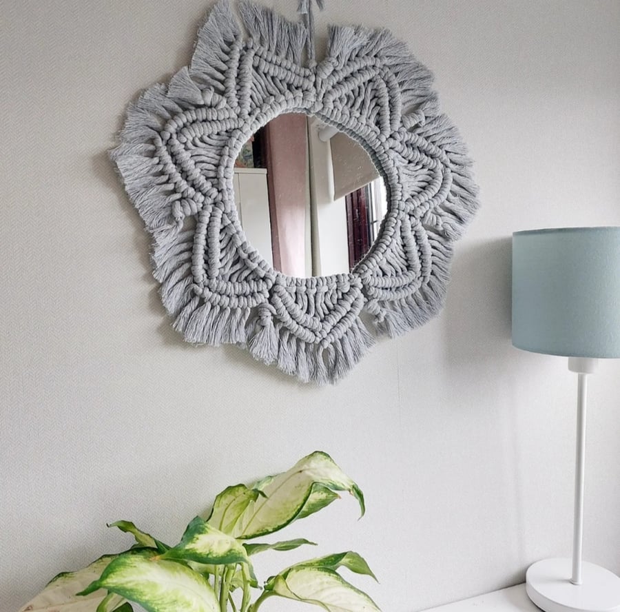 Light Grey Macrame Mirror Wall Hanging. Boho ho... - Folksy