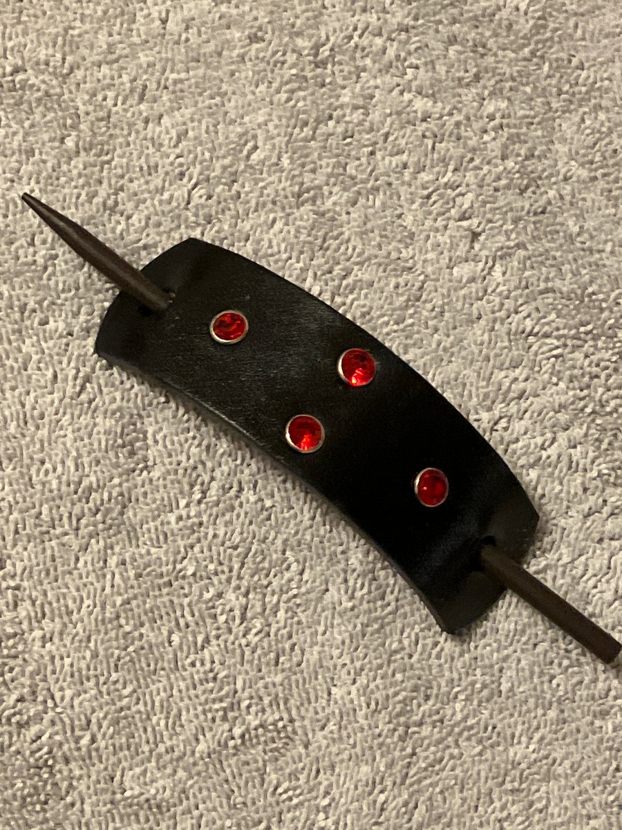 Dyed Black Leather Hair Stick Barrette - 4 Red Gemstones - FREE SHIPPING